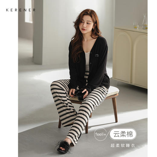 可人儿原创设计新款云柔棉女士睡衣春秋长袖时尚可外出家居服套装 商品图0