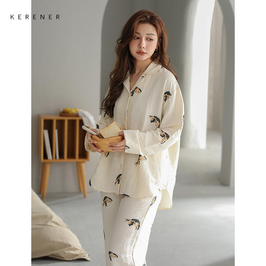 可人儿原创设计新款泡泡绵女士睡衣春秋长袖时尚可外出家居服套装 商品图1