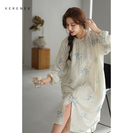可人儿小众设计新款泡泡绵女士睡裙春秋长袖少女睡衣可外穿连衣裙 商品图1