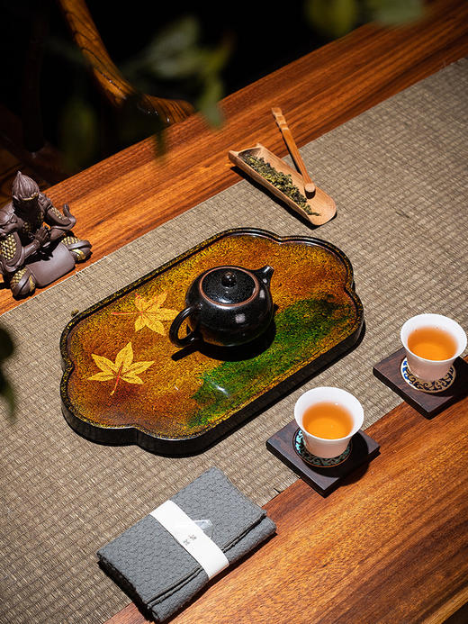 0591【国企严选，山海食材】【瓷漆器茶盘】非遗技艺大漆流金枫叶小茶台 福州茶盘家用黑檀木茶室装饰大小号壶承干泡 分享盘/00210016B 商品图1