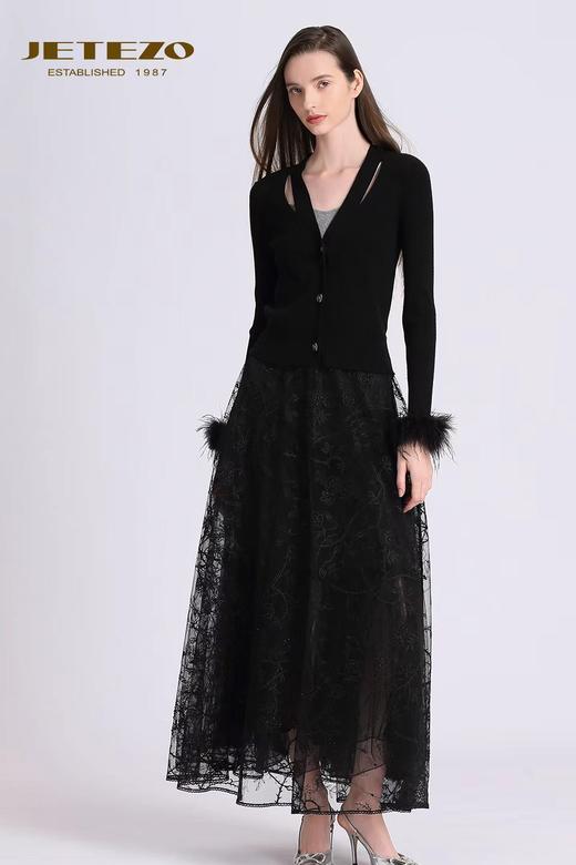 裘堤婼JETEZO精致羽毛袖V领针织BD15255A1 商品图0