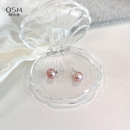 欧诗漫珍珠耳钉925银 淡水珍珠8-9mm 馒头珠（白色/香槟色/紫色可选） 商品图2