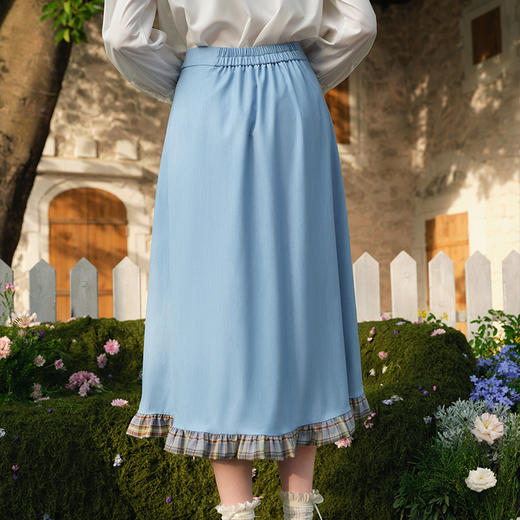 两三事蔚蓝花园2025春季新款荷叶边格子拼接牛仔百褶裙A字半身裙 商品图3