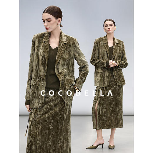 COCOBELLA新中式竹叶拓印压褶丝绒西装女国风盘扣外套SI3032 商品图2