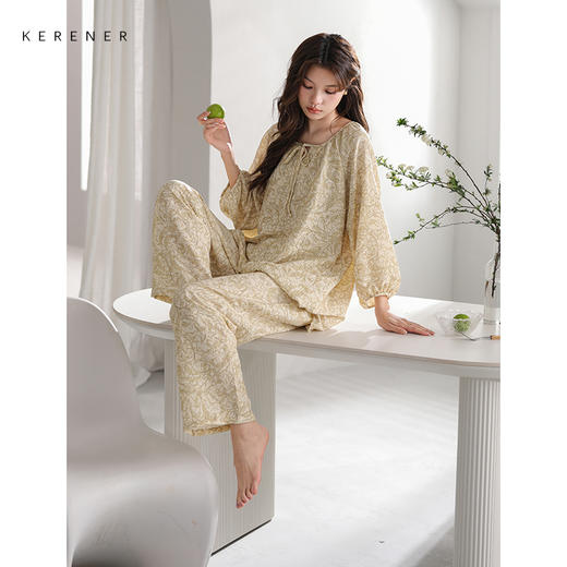 可人儿原创设计新款泡泡绵女士睡衣春秋长袖时尚可外出家居服套装 商品图1