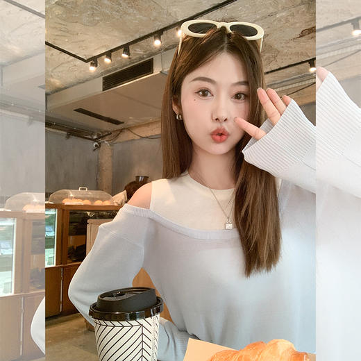 【149元任选2件】现货！蓝色露肩针织衫 商品图1