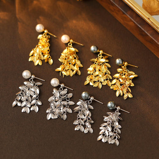 【影魅】S925银波光粼粼树叶流苏金色麦穗贝珠耳饰【BF-ES2636】 商品图1