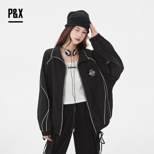 P&X设计师女装 时尚潮流宽松休闲字母短款风衣翻领825119083 黑色 商品图0
