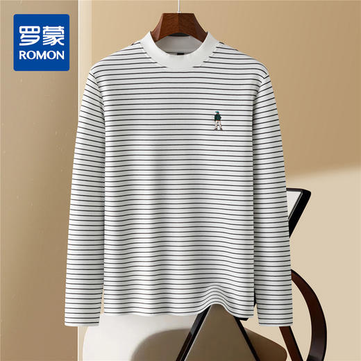 罗蒙【色织空气层海魂衫】7A抗菌半高领长袖t恤男春秋打底衫男T恤 商品图0