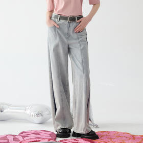 谜底牛仔阔腿裤女士2025春季新品复古风水洗棉浅色长裤251MK0047