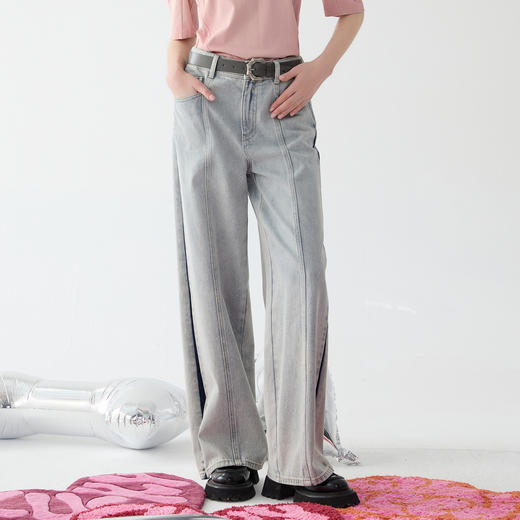 谜底牛仔阔腿裤女士2025春季新品复古风水洗棉浅色长裤251MK0047 商品图0