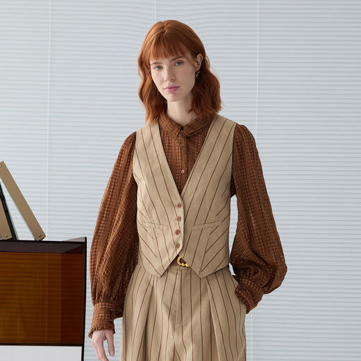 谜底条纹马夹女2025春季新品复古风拼接设计修身短马甲251MM0092 商品图0