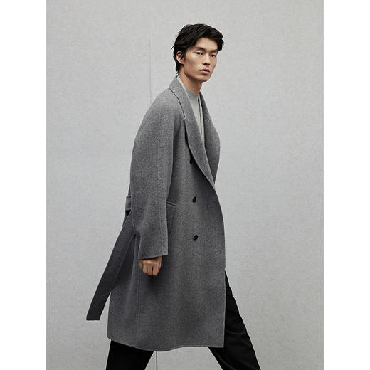 GXG男装 全羊毛灰色腰带设计高级通勤长款大衣外套 24年冬季热卖 商品图2
