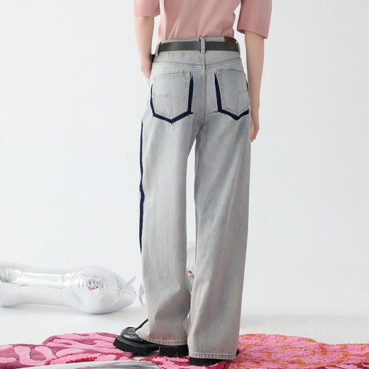 谜底牛仔阔腿裤女士2025春季新品复古风水洗棉浅色长裤251MK0047 商品图2