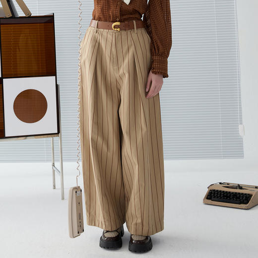 谜底气球裤长裤女2025春新品复古风条纹休闲大廓形裤子251MK0046 商品图1