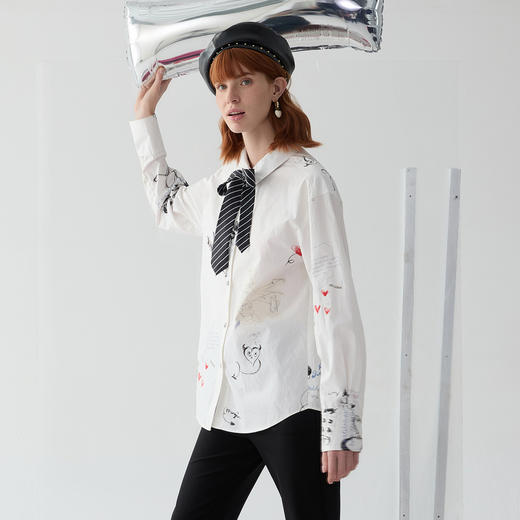 谜底印花衬衫长袖女2025春新品通勤风复古花色宽松衬衣251MC0087 商品图1