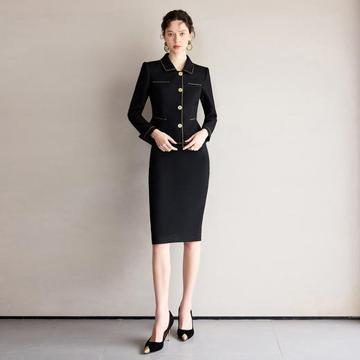 IWY/黑色出席重要场合的套装女名媛小香风西装套裙金色镶边外套职业正装CS2189 商品图3
