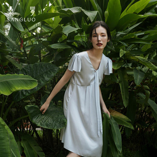 盈感系列』桑罗系带娃娃衫荷叶袖轻盈凉感桑蚕丝睡裙新品 商品图0