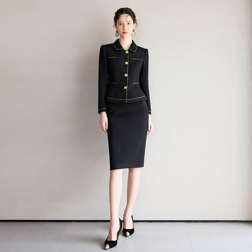 IWY/黑色出席重要场合的套装女名媛小香风西装套裙金色镶边外套职业正装CS2189 商品图2