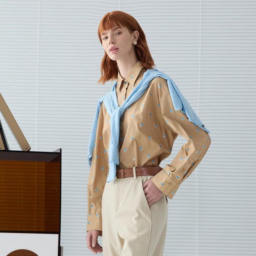谜底波点印花衬衫长袖女2025春新品通勤风下摆收边衬衣251MC0084 商品图1