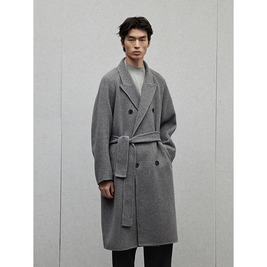 GXG男装 全羊毛灰色腰带设计高级通勤长款大衣外套 24年冬季热卖 商品图4