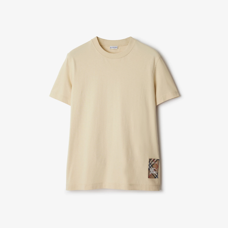 【二】BURBERRY 巴宝莉 男士马术骑士徽标贴花格纹标签棉质圆领短袖T恤 米色 8103508 C1740
