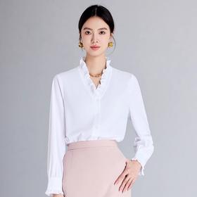 IWY/白色长袖衬衫女新款高级感精致V领木耳边通勤百搭法式衬衣1024B015
