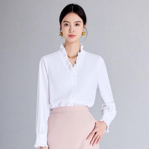 IWY/白色长袖衬衫女新款高级感精致V领木耳边通勤百搭法式衬衣1024B015 商品图0