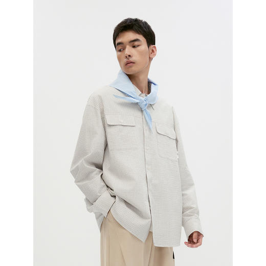 GXG男装  米白条泡泡纱宽松简约长袖衬衫外套男上衣  秋季热卖 商品图2