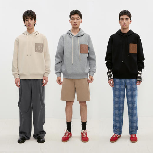 GXG男装 多色空气层撞色皮质口袋复古休闲连帽卫衣男 24秋季热卖 商品图3