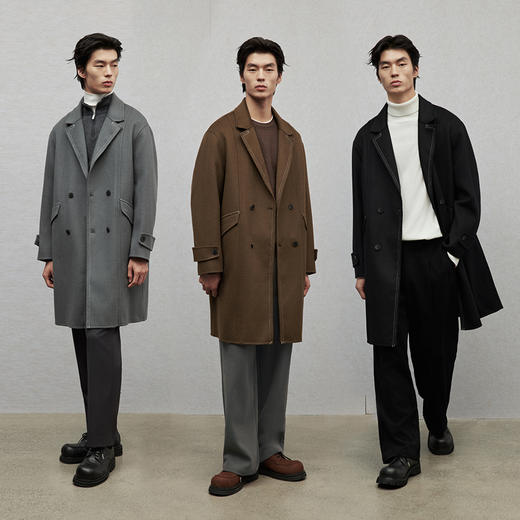 GXG男装 多色明线设计简约休闲平驳领长款大衣外套 2024年冬热卖 商品图3