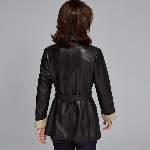 ZZ804800103 一米阳光Ameter sunlight时尚新款撞色西装领真皮皮衣三十中长款腰带显瘦绵羊皮皮草外套女 商品图1