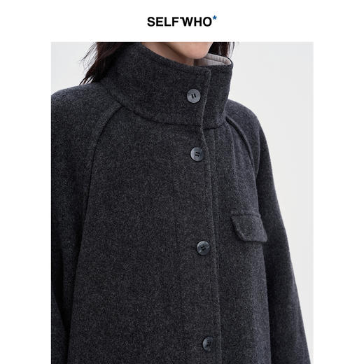 SELFWHO100%羊毛灰色大衣女2立领宽松保暖防寒长款外套 商品图4