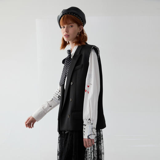 谜底西装马甲女2025春新品通勤风双排扣宽松戗驳领马夹251MM0052 商品图1