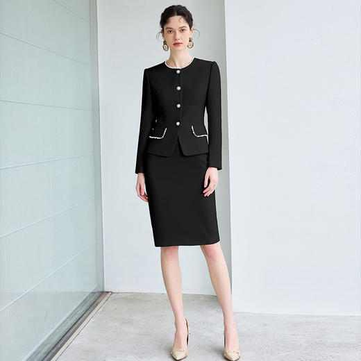 IWY/法式通勤西装套装女高级感珍珠圆领长袖外套黑色职业装正装半裙CS2072 商品图0