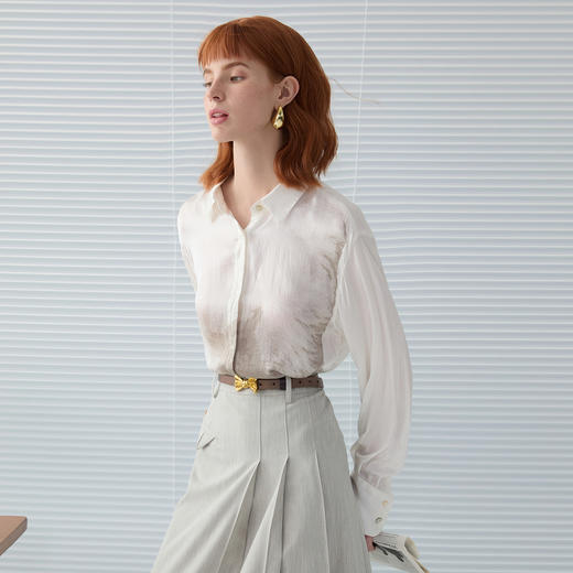 谜底印花衬衫长袖女2025春新品原创印花宽松桑蚕丝衬衣251GC0074 商品图1