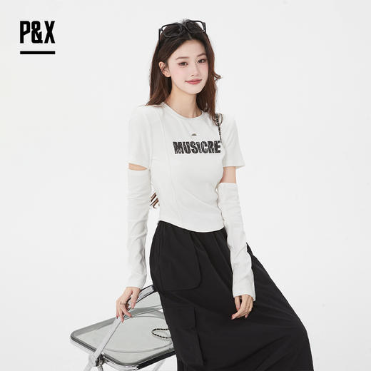 P&X设计师女装 时尚镂空拼接设计针织短款T恤修身825102129 白色 商品图3