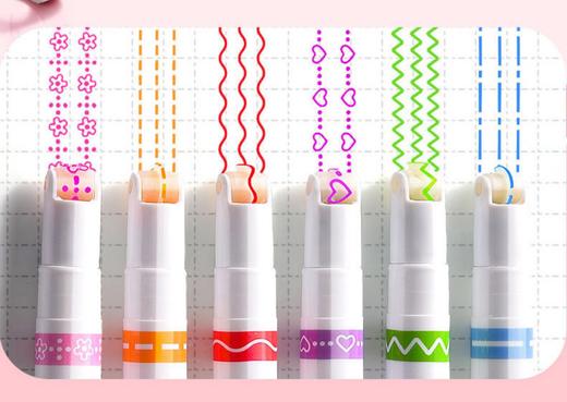 开学季福利！【新款全套花边创意笔】6支装全花纹网红创意曲线笔花形轮廓笔速干手账荧光笔彩色笔划重点波浪标记笔 商品图12