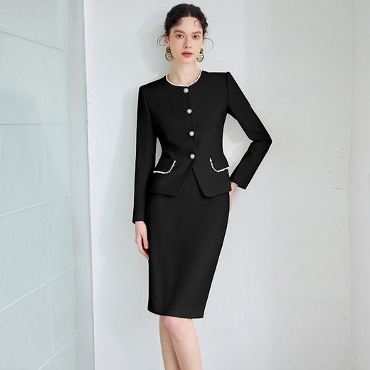 IWY/法式通勤西装套装女高级感珍珠圆领长袖外套黑色职业装正装半裙CS2072 商品图3