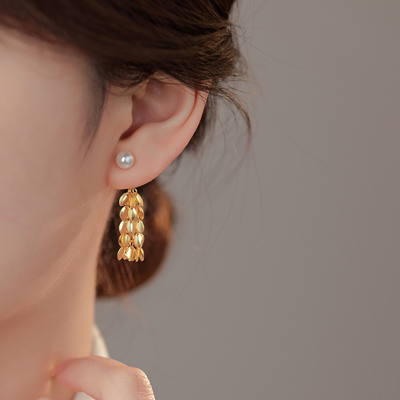 【影魅】S925银波光粼粼树叶流苏金色麦穗贝珠耳饰【BF-ES2636】