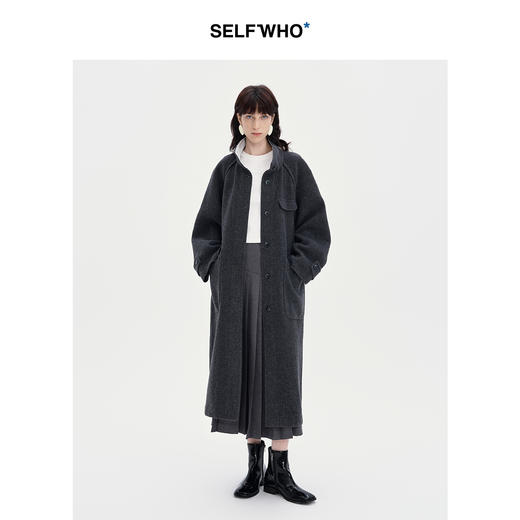 SELFWHO100%羊毛灰色大衣女2立领宽松保暖防寒长款外套 商品图1