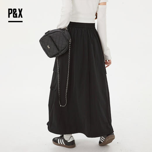 P&X设计师女装 新款工装休闲梭织半身长裙松紧腰825107087 黑色 商品图4