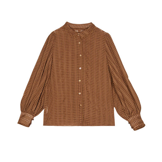 谜底格纹衬衫长袖女2025春季新品复古风微皱肌理感衬衣251MC0109 商品图4