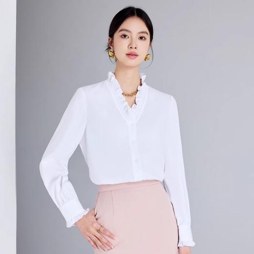 IWY/白色长袖衬衫女新款高级感精致V领木耳边通勤百搭法式衬衣1024B015 商品图1