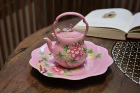粉色底珐琅彩牡丹提梁壶+壶承
