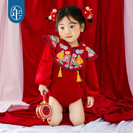 年衣婴儿连体衣周岁礼服2025春秋新生儿满月中国风年年好运哈衣 商品图2