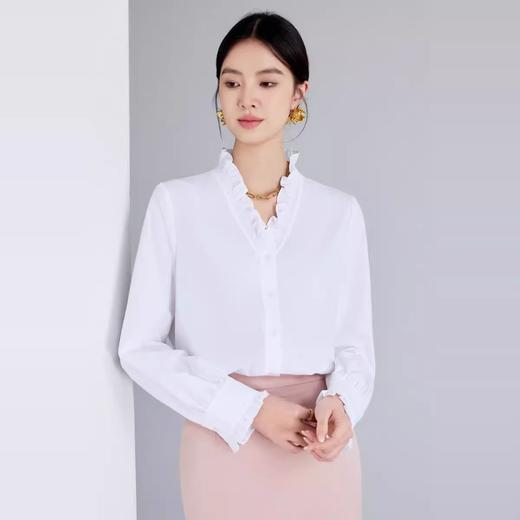 IWY/白色长袖衬衫女新款高级感精致V领木耳边通勤百搭法式衬衣1024B015 商品图2