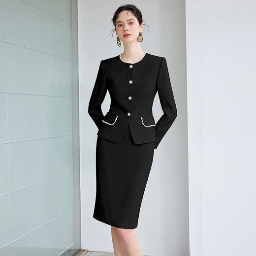 IWY/法式通勤西装套装女高级感珍珠圆领长袖外套黑色职业装正装半裙CS2072 商品图1