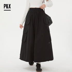 P&X设计师女装 新款工装休闲梭织半身长裙松紧腰825107087 黑色