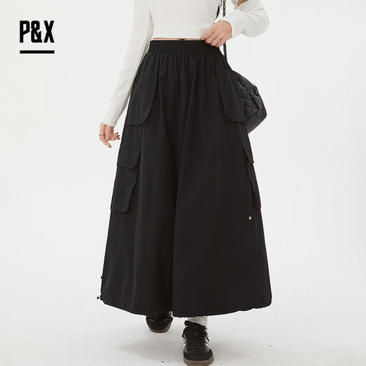 P&X设计师女装 新款工装休闲梭织半身长裙松紧腰825107087 黑色 商品图0
